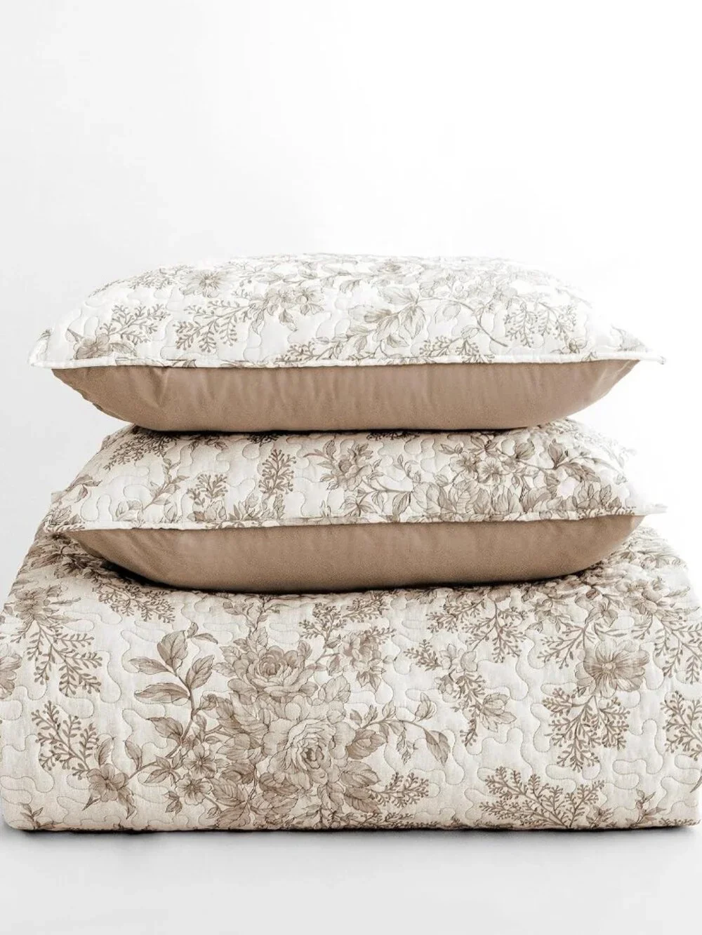 Taupe Floral Quilt King Size, 3-Piece Breathable Cotton Face Bedding Set, Neutra_8